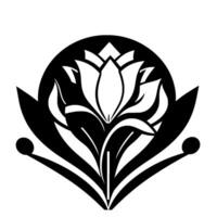 Bold black and white stylized lotus flower emblem, symmetrically arranged within a circular and pointed motif, evoking purity and elegance. vector