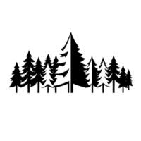 Silhouette of a dense forest of evergreen trees in black against a stark white background, illustrating nature. vector
