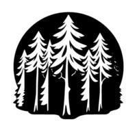Stylized monochromatic illustration of towering pine trees in a forest silhouette set against a dark circular background. vector