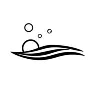 Minimalist Black and White Illustration Circle Sun Over Waves with Bubbles, Simple , Whimsical Aesthetic. vector