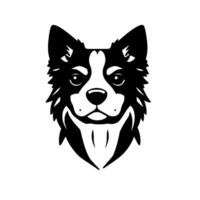 A stylized black and white illustration of a dogs head, showcasing a friendly expression and clean lines, set against a pure white background. vector