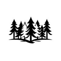 Black and white minimalist illustration of a stylized forest scene, featuring multiple evergreen trees with layered silhouettes, creating depth and a sense of nature. vector