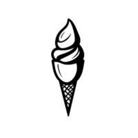 Minimalist Black and White Ice Cream Cone on White Background, Detailed Swirls, Textured Cone, Simple Dessert . vector
