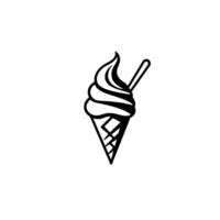 Minimalist Black and White Illustration of Ice Cream Cone with Spoon, on White Background, Modern vector