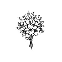 Elegant Minimalist Black Line Art A Bouquet of Flowers and Leaves, Tied with a Ribbon on White Background. vector