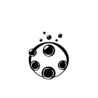 Abstract black and white featuring a circular frame with multiple bubblelike elements, surrounded by smaller floating bubbles, creating a modern, minimalist aesthetic. vector