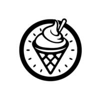 Black and white ice cream cone within a circle, featuring a swirl of ice cream with a spoon, dotted border, and minimalist style. vector