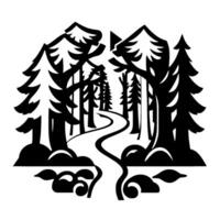 Black and White Illustration of a Winding Forest Path, Framed by Pine Trees, with Artistic Leafy Base and a Sense of Adventure. vector