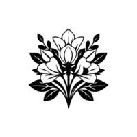 Symmetrical Black and White Floral Motif with Flowing Petals and Detailed Leafy Accent, in a Minimalist . vector