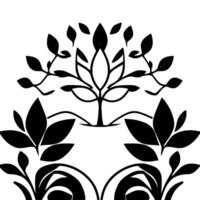 Symmetrical Black and White Botanical Stylized Tree and Leaf Motifs in a Decorative, Floral Pattern on White Background. vector