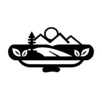 Modern Minimalist Emblem of a Mountain Landscape with a Tree, Sun, and Leaves in Black and White, on an Ellipse. vector