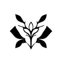 Symmetrical abstract botanical in black and white, featuring stylized leaves and a central floral element, evoking nature and minimalism. vector