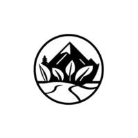Black and white circular nature featuring stylized mountain range, trees, leaves, and winding path on a white background. vector