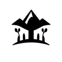 Abstract black silhouette art depicting a mountain range towering over stylized plants and a central structural element, set against a minimalist white background. vector