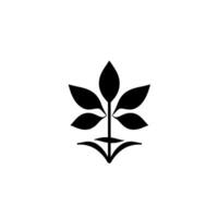 Minimalist black and white botanical illustration featuring a stylized, symmetrical plant with six leaves and a clean, stark aesthetic. vector