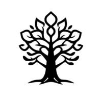 A stylized, symmetrical tree silhouette rendered in black, featuring intricate leaf and branch details on a stark white background, evoking a sense of balance. vector