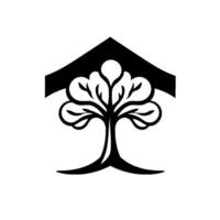 A minimalist monochrome featuring an stylized tree with intricate leaves and branches under a modern house shape. vector