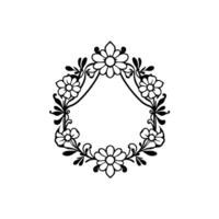 Ornate black floral frame featuring stylized daisies and leaves forming an oval shape with a central opening, presented on a white background. vector