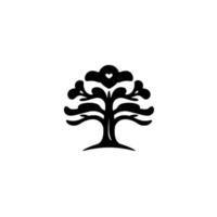 Black and white minimalist stylized tree silhouette with a heartshaped element in its crown, set against a clean white backdrop. vector