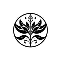 Elegant Black and White Botanical Circular Frame with Stylized Leaves and Floral Elements, Minimalist Aesthetic. vector