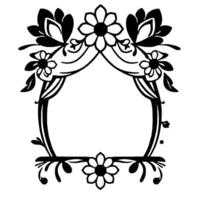 Elegant Black and White Floral Frame with Detailed Petals, Foliage, and Ornamental Arches Creating a Decorative for Invitation or Decoration. vector