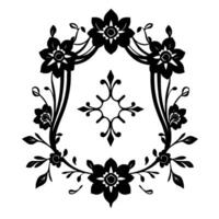 Black and white floral frame with central symmetrical and elegant, stylized elements, perfect for artistic applications. vector
