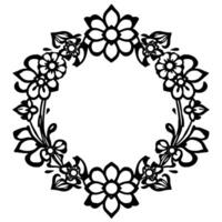 Ornate Black White Floral Wreath Symmetrical of Stylized Flowers and Leaves, Circular Frame for Elegant Decoration. vector