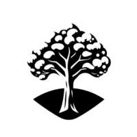 Stylized Black and White Tree Silhouette with Abstract Rounded Leafy Crown on a Darkened Hill, Minimalist . vector