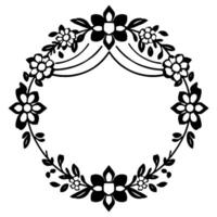 Elegant Black and White Floral Wreath Detailed botanical border with intricate flower and leaf patterns, forming a circular frame . vector