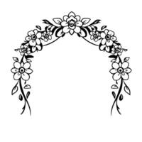 Delicate Black and White Floral Arch An elegant symmetrical featuring detailed flowers, leaves, and elegant curves, creating a decorative element. vector
