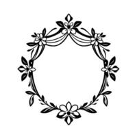 Elegant Black and White Floral Frame Circular with Delicate Flowers, Leaves, and Curving Lines, Ideal for Invitations and Decorative Elements. vector