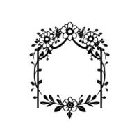 Elegant Black White Floral Arch Frame with Blossoms, Leaves, Vines, and a Central Open Space for Text or Imagery, Isolated on White. vector