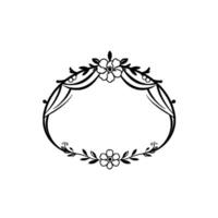 Elegant Black and White Floral Oval Frame with Detailed Petals, Leaves, and Decorative Swirls, on White Background. vector