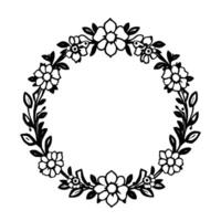 Elegant Circular Floral Frame in Black and White, Featuring Detailed Flower and Leaf Embellishments. vector