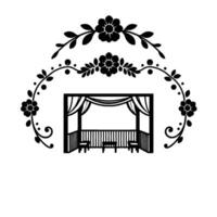 Elegant Black and White Illustration Gazebolike Structure with Draped Curtains, Floral Arch, Chairs and Table vector