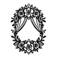 Elegant Black and White Floral Oval Frame with CurtainLike Structure and Botanical Details, Perfect for Invitations and Decorations vector