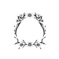 An elegant, symmetrical floral border in black and white, encircling open space, with stylized flowers and swirling vines. vector
