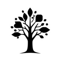 A minimalist, illustration of a stylized tree with diverse, irregular leaves and a central, sturdy trunk against a stark white background. vector