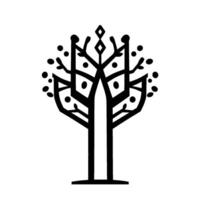 Stylized Black and White Tree with Geometric Details, DiamondShaped Element, and Circular Leaves, Against a White Background. vector