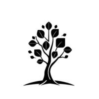 Stylized Black and White Tree Silhouette with Varied Leaf Shapes on a White Background, Emblematic of Nature and Growth. vector
