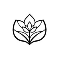 Elegant Monochrome Floral Emblem A symmetrical, minimalist line art depicting a stylized blossom with layered petals and stem on a plain white background. vector