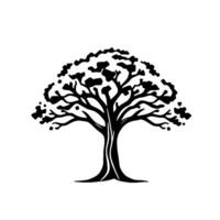 Symmetrical black and white stylized silhouette of a tree, featuring a thick trunk, detailed branches, and an irregular canopy, centered on white background. vector