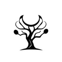 Stylized Black Tree with Crescent Moon and Spherical Elements on a White Background, Minimalist . vector