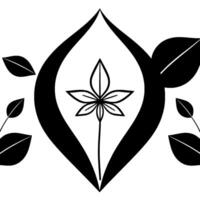 Abstract floral composition with a central starshaped bloom enclosed by a stylized dark shape, accented by surrounding leaves. vector
