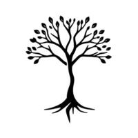 A stylized, symmetrical black tree illustration with prominent roots and leaves, standing out against a clean white backdrop, conveying growth and nature. vector