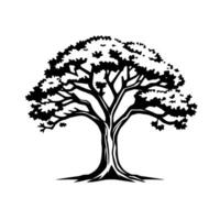 Bold Black and White Tree Silhouette with Detailed Branches and Leafy Crown on a Pure White Background, Illustrative and Clean . vector