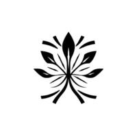 Symmetrical black leaflike emblem centered on a bright white background, showcasing a minimalistic, botanical with radiating lines. vector