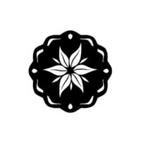 Geometric floral emblem with a stylized white flower enclosed within a scalloped black frame, on white background. vector