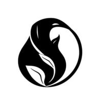 Elegant black and white featuring a stylized bird form intertwined with a leaf, enclosed within a circular frame, symbolizing harmony. vector