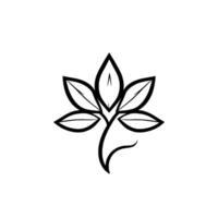 A minimalist, black and white depicting a stylized flower with six symmetrically arranged leaves, a curved stem, and a clean, modern against a blank canvas. vector